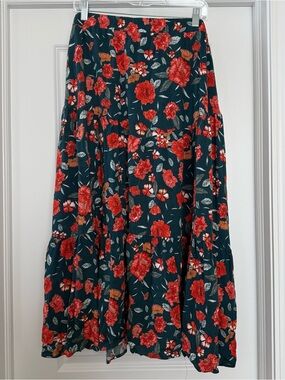 Hayden Dark Green Maxi Skirt with Red Floral Print